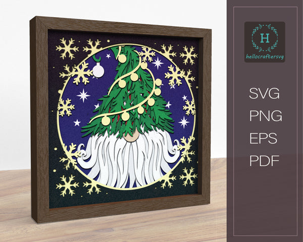 3D CHRISTMAS GNOME TREE SVG, Christmas Shadow Box Svg,