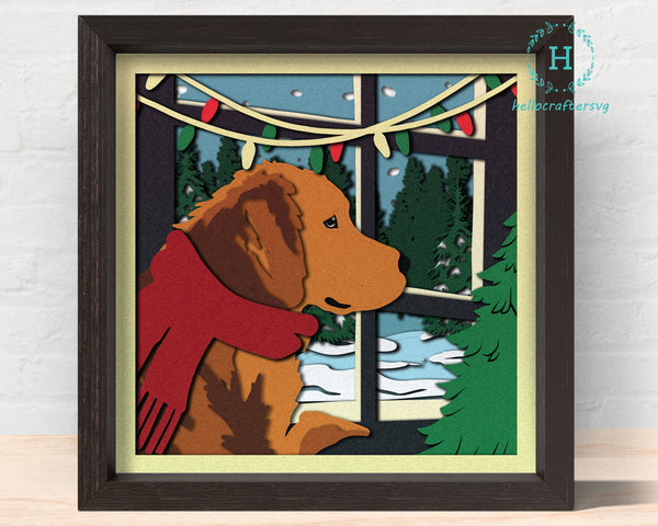 3D DOG AT WINDOW SVG, Christmas Time Dog Shadow Box Svg