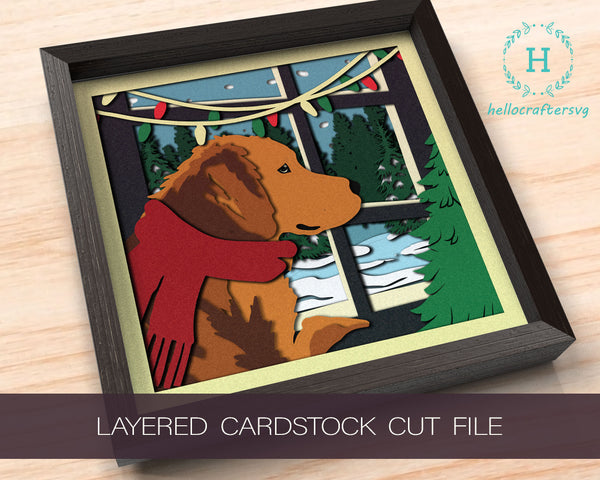 3D DOG AT WINDOW SVG, Christmas Time Dog Shadow Box Svg