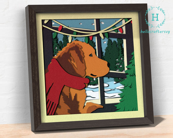 3D DOG AT WINDOW SVG, Christmas Time Dog Shadow Box Svg