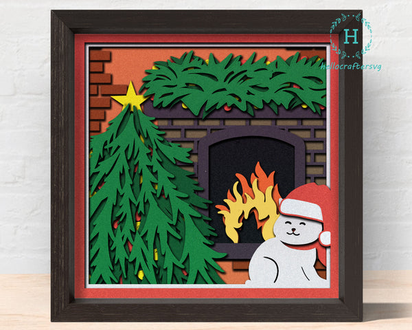 Christmas CAT FIREPLACE Svg, CHRISTMAS Shadow Box Svg