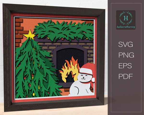 Christmas CAT FIREPLACE Svg, CHRISTMAS Shadow Box Svg-22
