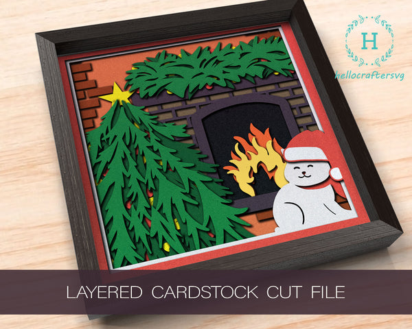 Christmas CAT FIREPLACE Svg, CHRISTMAS Shadow Box Svg