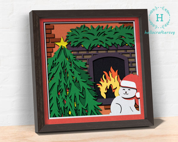 Christmas CAT FIREPLACE Svg, CHRISTMAS Shadow Box Svg