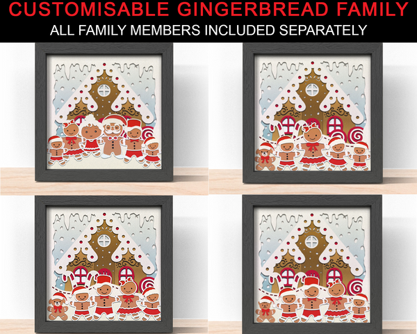 3D CUSTOMISABLE GINGERBREAD FAMILY WITH ALL MEMBER Svg - CHRISTMAS Shadow Box Svg