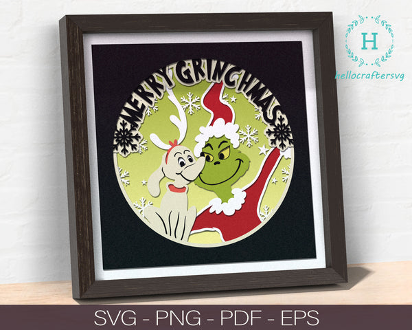 3d GRINCH DOG Svg, MERRY CHRISTMAS Shadow Box Svg