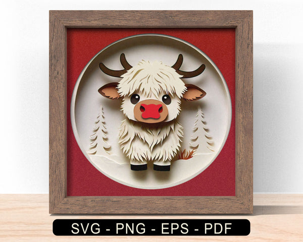 3d CUTE HIGHLAND COW Svg, CHRISTMAS Cow Shadow Box Svg