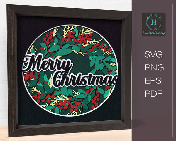 3d MERRY Christmas WREATH Svg, CHRISTMAS Shadow Box Svg