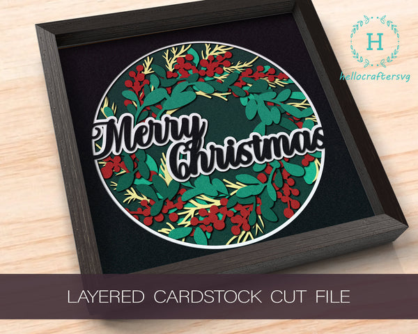 3d MERRY Christmas WREATH Svg, CHRISTMAS Shadow Box Svg