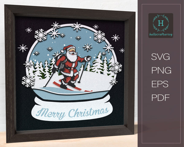 3D SKIING Santa GLOBE Svg - CHRISTMAS Shadow Box Svg