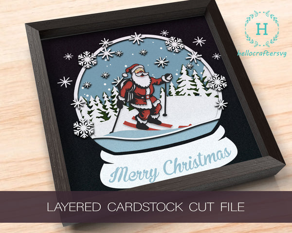 3D SKIING Santa GLOBE Svg - CHRISTMAS Shadow Box Svg