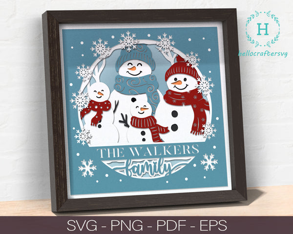 3d custom Snowman FAMILY Svg, CHRISTMAS Shadow Box Svg