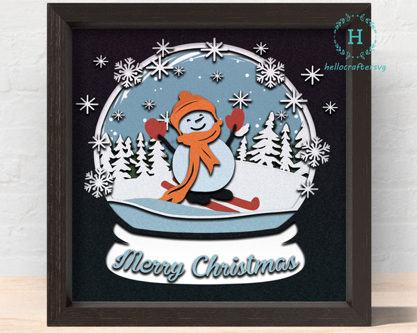 3D SNOWMAN SKIING GLOBE Svg - CHRISTMAS Shadow Box Svg
