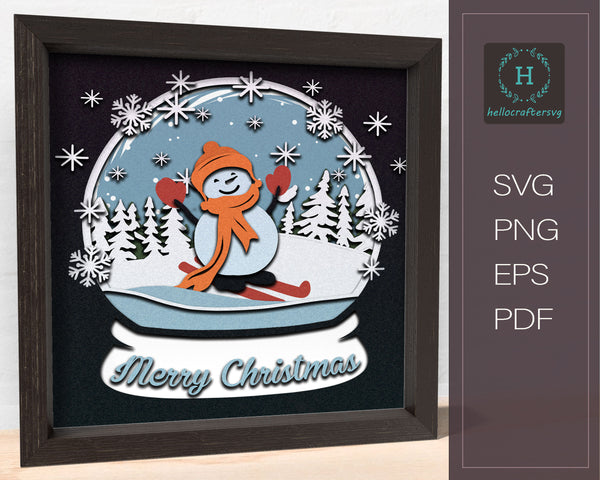 3D SNOWMAN SKIING GLOBE Svg - CHRISTMAS Shadow Box Svg