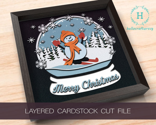 3D SNOWMAN SKIING GLOBE Svg - CHRISTMAS Shadow Box Svg