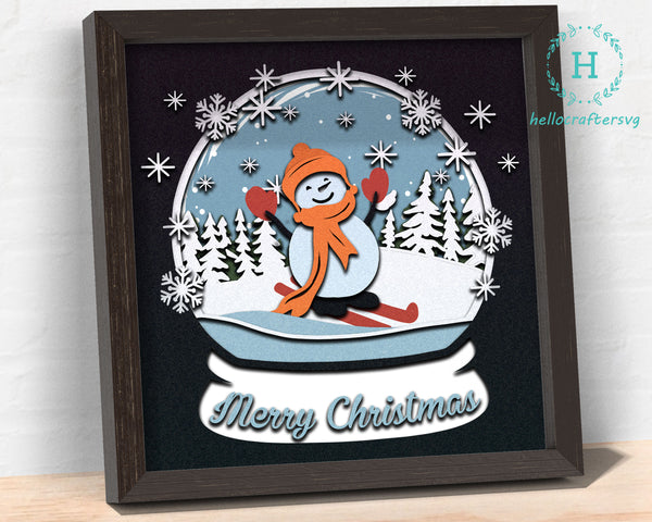 3D SNOWMAN SKIING GLOBE Svg - CHRISTMAS Shadow Box Svg
