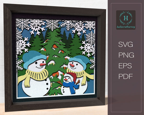 3d Snowman FAMILY Svg, CHRISTMAS Shadow Box Svg