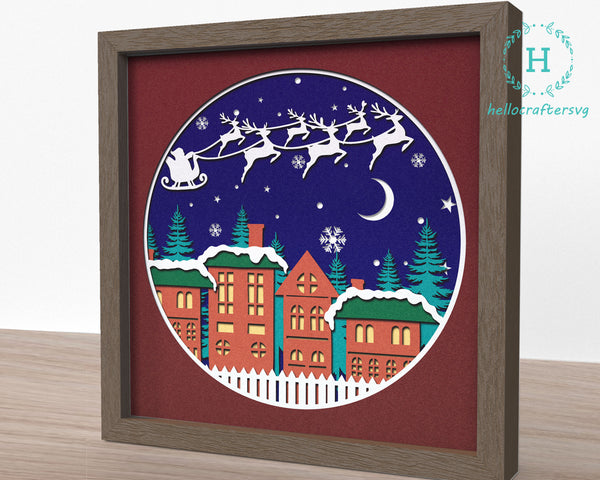 3d FLYING SANTA Svg, CHRISTMAS Scene Shadow Box Svg