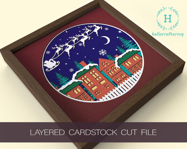 3d FLYING SANTA Svg, CHRISTMAS Scene Shadow Box Svg