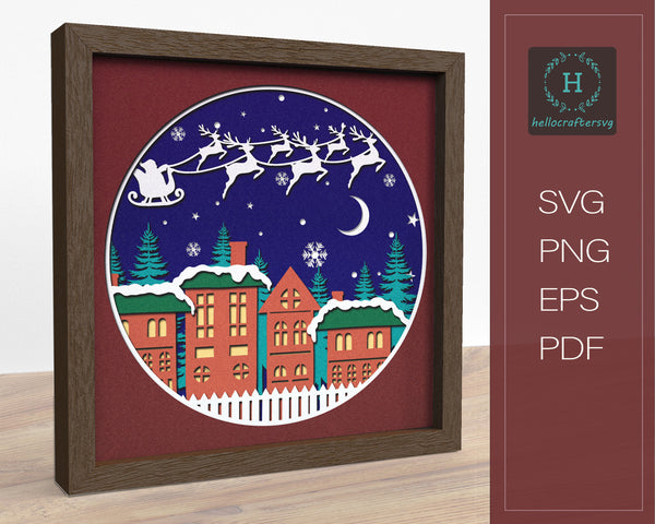 3d FLYING SANTA Svg, CHRISTMAS Scene Shadow Box Svg