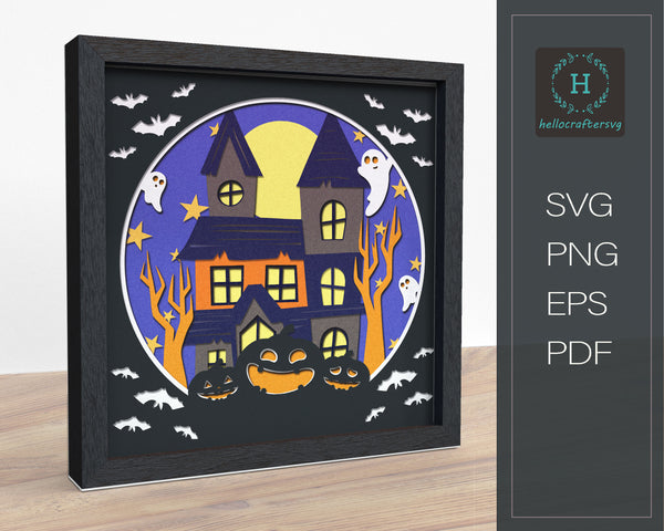 3D HAUNTED HOUSE SVG, Scary Pumpkin Shadow Box Svg, Cricut Files, Cardstock Svg, Silhouette Files - HelloCrafterSvg-232