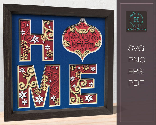 3D Merry & Bright, Christmas HOME Shadow Box Svg, Cricut Files