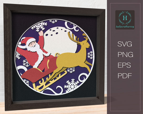 3D SLEDGE SANTA, Christmas Shadow Box Svg, Cricut Files