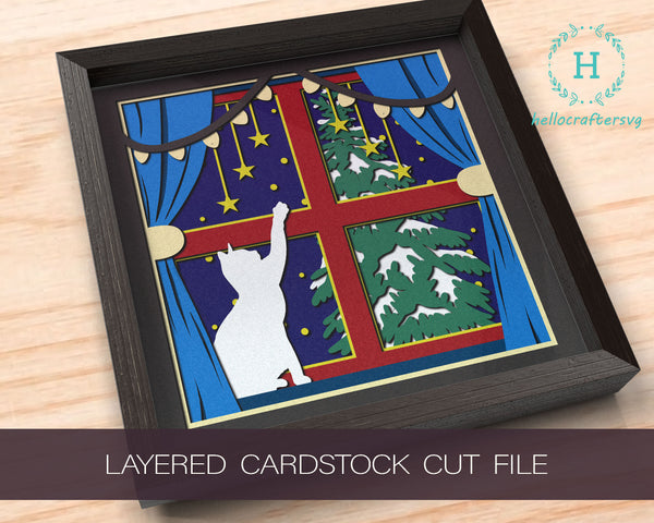 3d CHRISTMAS CAT Svg, CAT On Window Shadow Box Svg - Cricut Files, Cardstock Svg, Silhouette Files - HelloCrafterSvg