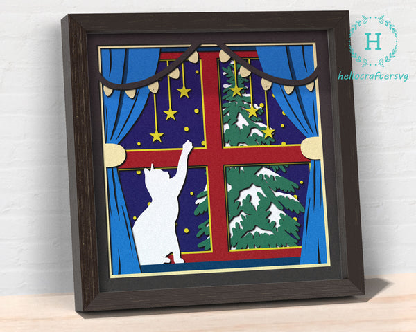 3d CHRISTMAS CAT Svg, CAT On Window Shadow Box Svg - Cricut Files, Cardstock Svg, Silhouette Files - HelloCrafterSvg-343