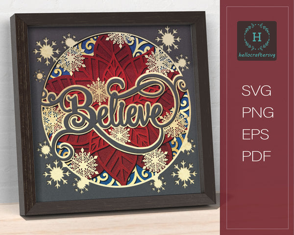 3d Christmas BELIEVE Svg, CHRISTMAS Poinsettia Shadow Box Svg -22