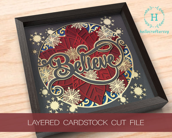 3d Christmas BELIEVE Svg, CHRISTMAS Poinsettia Shadow Box Svg