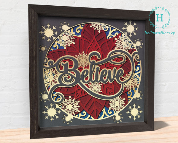 3d Christmas BELIEVE Svg, CHRISTMAS Poinsettia Shadow Box Svg -44