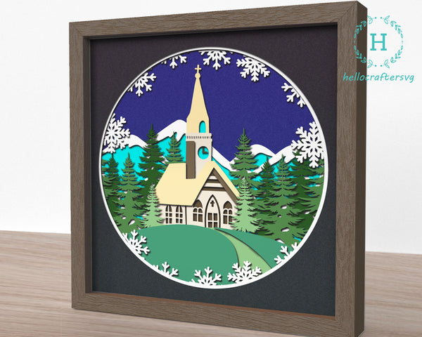 3d CHURCH Svg, CHURCH On HILLTOP Shadow Box Svg