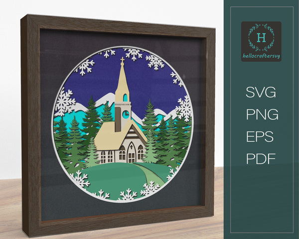 3d CHURCH Svg, CHURCH On HILLTOP Shadow Box Svg