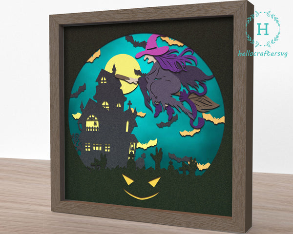3D Flying Witch SVG, HALLOWEEN Shadow Box Svg, Cricut Files, Cardstock Svg, Silhouette Files - HelloCrafterSvg