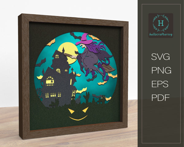 3D Flying Witch SVG, HALLOWEEN Shadow Box Svg, Cricut Files, Cardstock Svg, Silhouette Files - HelloCrafterSvg-345