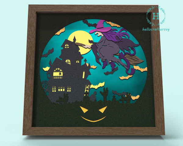 3D Flying Witch SVG, HALLOWEEN Shadow Box Svg, Cricut Files, Cardstock Svg, Silhouette Files - HelloCrafterSvg