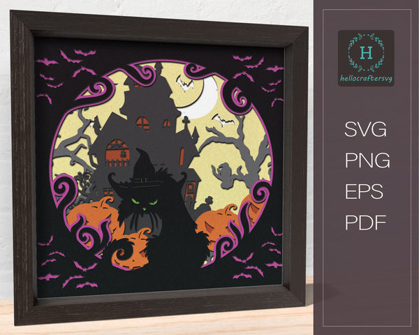 3D HAUNTED CAT SVG, Halloween Shadow Box Svg