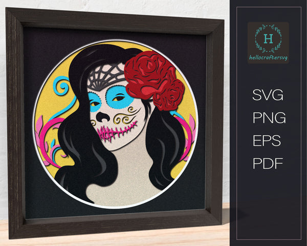 3D LADY SKULL svg, Day of the Dead shadow box svg