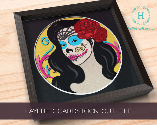 3D LADY SKULL svg, Day of the Dead shadow box svg