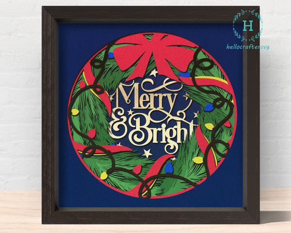 3d MERRY & BRIGHT Svg, CHRISTMAS Shadow Box Svg
