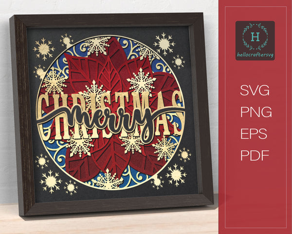 3d MERRY Christmas Svg, CHRISTMAS Poinsettia Shadow Box Svg-44