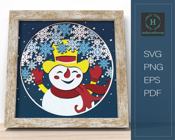 3D CUTE SNOWMAN SVG, Christmas Shadow Box Svg, Cricut Files, Cardstock Svg, Silhouette Files - HelloCrafterSvg-7yu