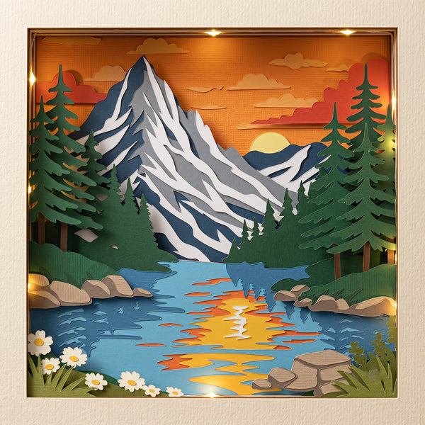 3D MOUNTAIN LAKE SUNSET TRIPTYCH SHADOW BOX SVG