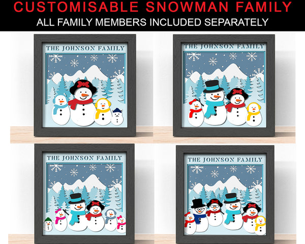 3D CUSTOMISABLE SNOWMAN FAMILY WITH ALL MEMBER Svg - CHRISTMAS Shadow Box Svg 
