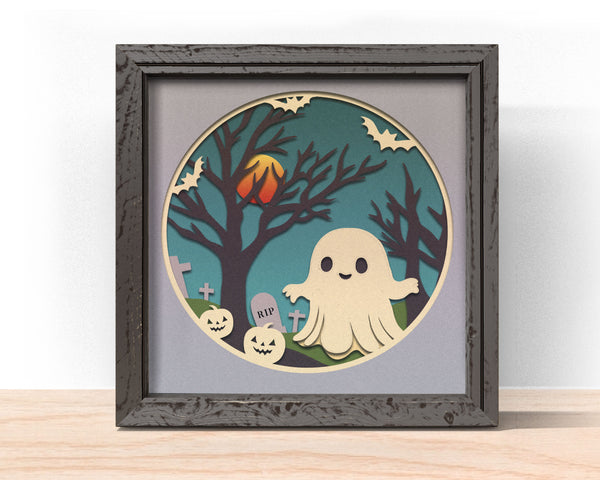 3D CUTE GHOST SVG, GHOST CEMENETRY HALLOWEEN Shadow Box Svg