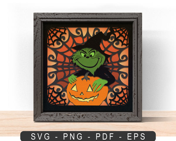 3D HALLOWEEN GRINCH SVG, PUMPKIN GRINCH HALLOWEEN Shadow Box Svg 