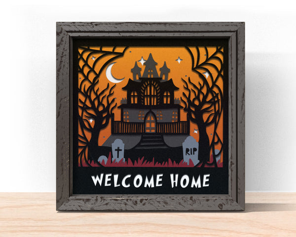 3D HAUNTED HOME SVG, Pumpkin HOME LIGHT Shadow Box Svg 