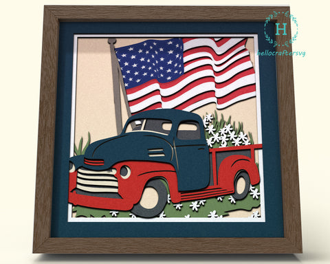 3D PATRIOTIC TRUCK Svg, 3d Patriotic TRUCK USA Shadow Box Svg 