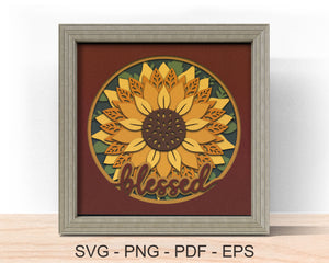 3d BLESSED SUNFLOWER SVG, Fall Thanksgiving Shadow Box Svg 